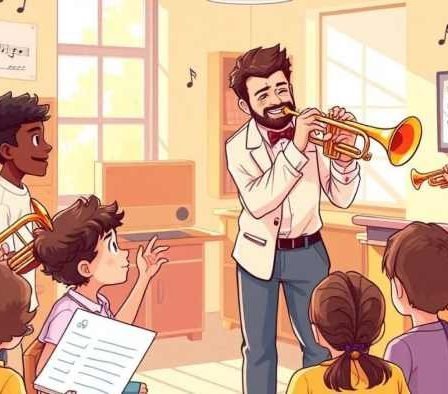 Illustration d'un cours de trompette entre élève et professeur
