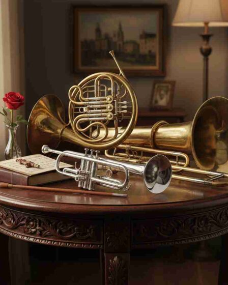 une_trompette_a_pistons_cor_dharmonie_trombone_et_tuba_sur_une_table