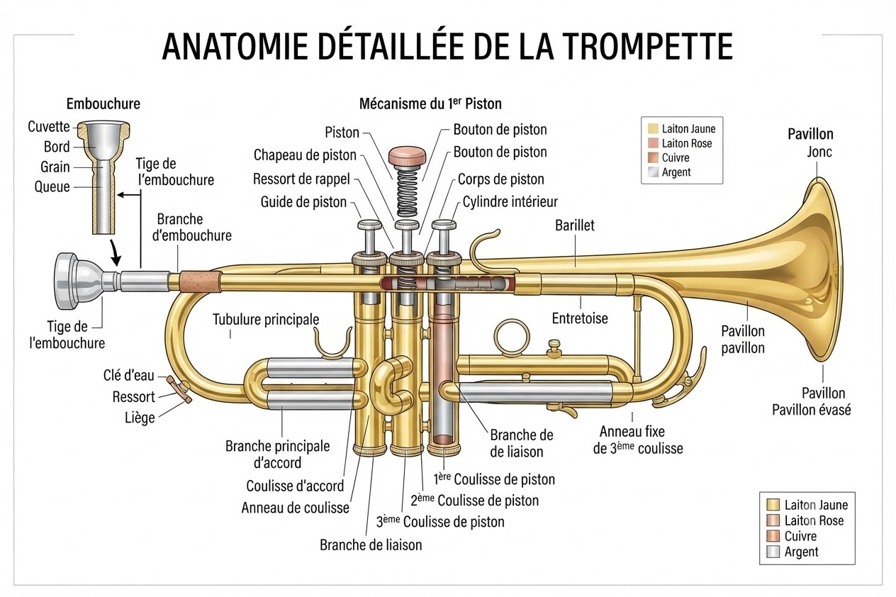 Schéma des composants de la trompette : pistons, pavillon, coulisse d'accord