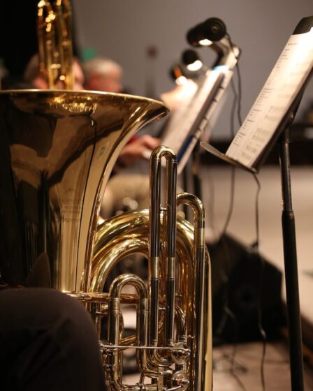 Cuivres en gros plan lors d’un concert en lumière dorée